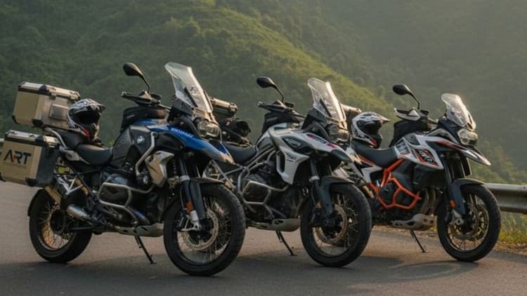 Three adventure motorcycles parked on a mountain road, showcasing the BMW, Triumph, and KTM bikes for a scenic tour.