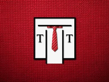 Talisman Tie logo with a red striped necktie centered on a textured red background.