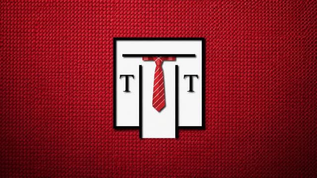 Talisman Tie logo with a red striped necktie centered on a textured red background.