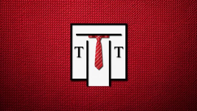 Talisman Tie logo with a red striped necktie centered on a textured red background.