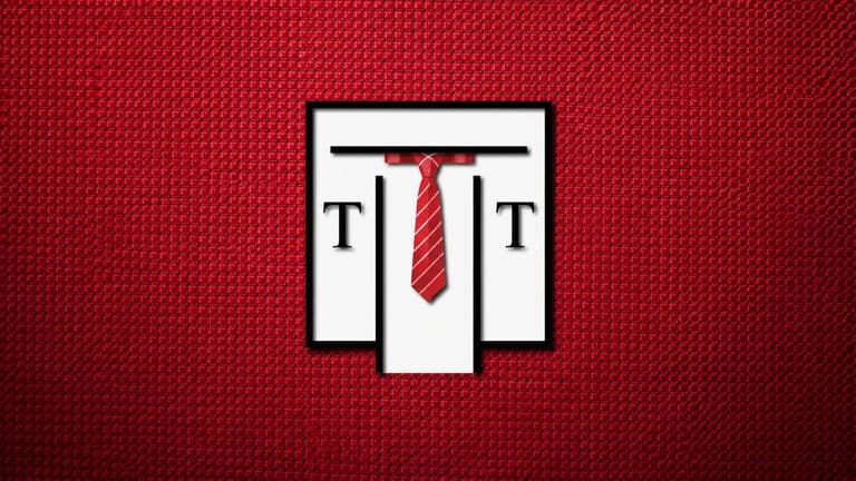 Talisman Tie logo with a red striped necktie centered on a textured red background.