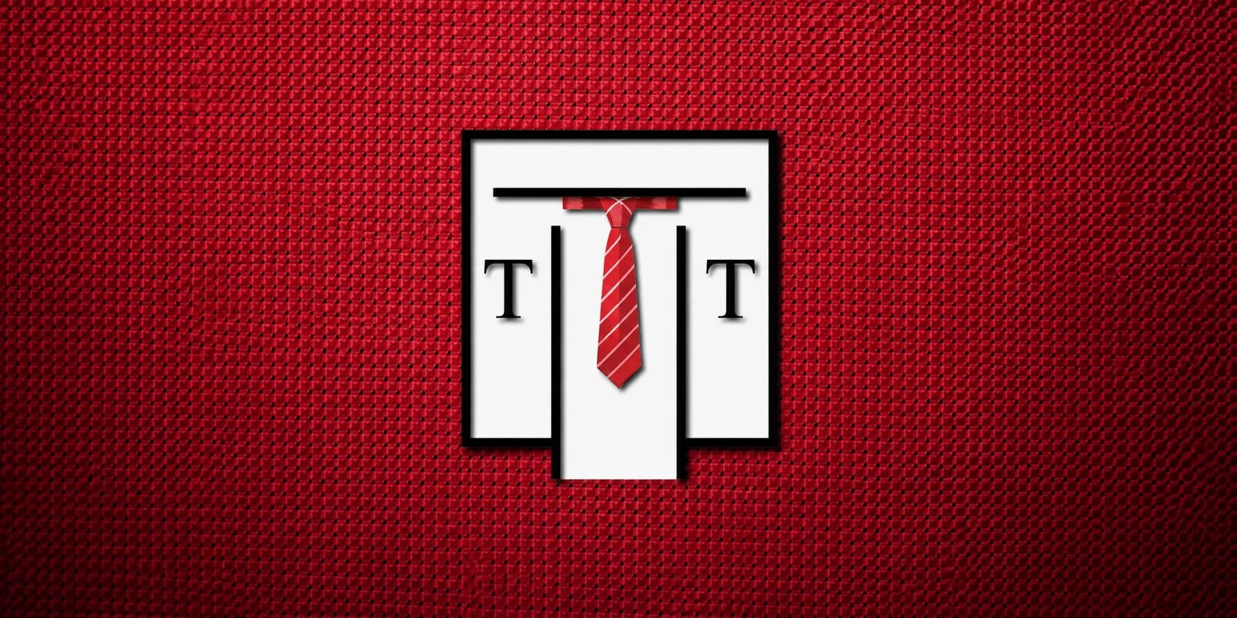 Talisman Tie logo with a red striped necktie centered on a textured red background.