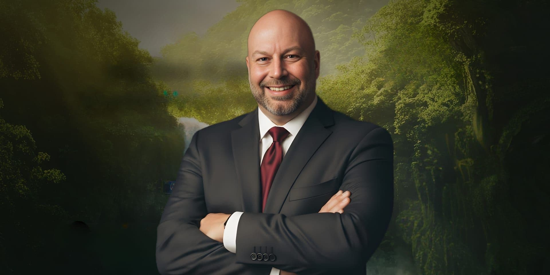 Portrait of a smiling bald man in a dark suit and red tie standing before a lush forest waterfall backdrop.