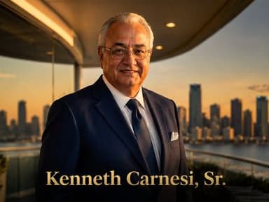 Portrait of Kenneth Carnesi, Sr. in a suit overlooking a city skyline with his name displayed.