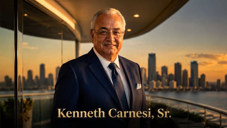 Portrait of Kenneth Carnesi, Sr. in a suit overlooking a city skyline with his name displayed.