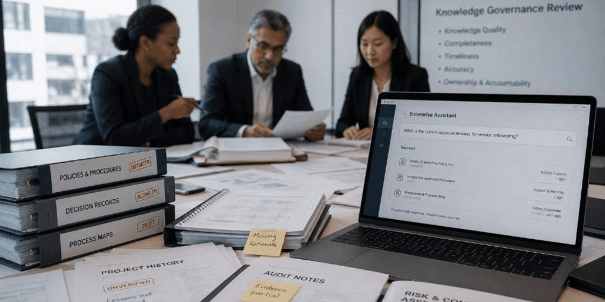 AI governance meeting reviewing outdated policies, incomplete records, and enterprise assistant knowledge sources.