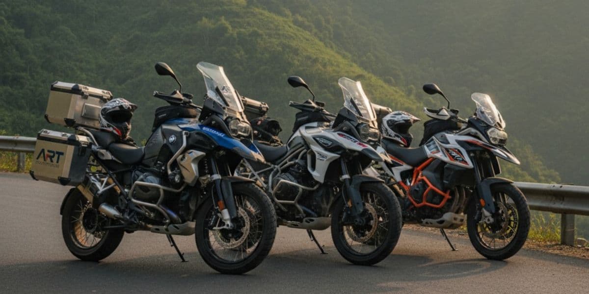 Three adventure motorcycles parked on a mountain road, showcasing the BMW, Triumph, and KTM bikes for a scenic tour.