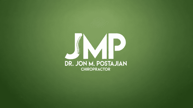 Logo design featuring "JMP" and "Dr. Jon M. Postajian Chiropractor" on a green background