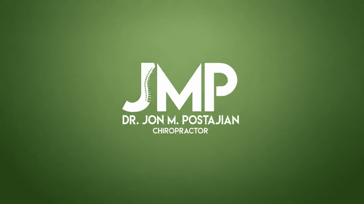 Logo design featuring "JMP" and "Dr. Jon M. Postajian Chiropractor" on a green background
