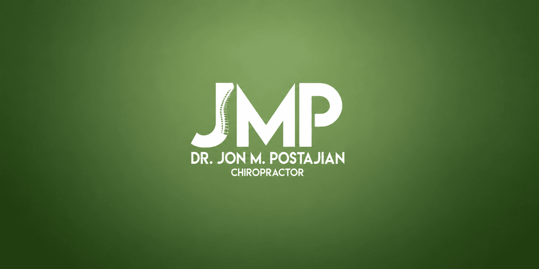 Logo design featuring "JMP" and "Dr. Jon M. Postajian Chiropractor" on a green background