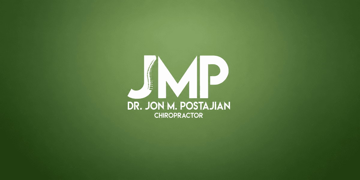 Logo design featuring "JMP" and "Dr. Jon M. Postajian Chiropractor" on a green background