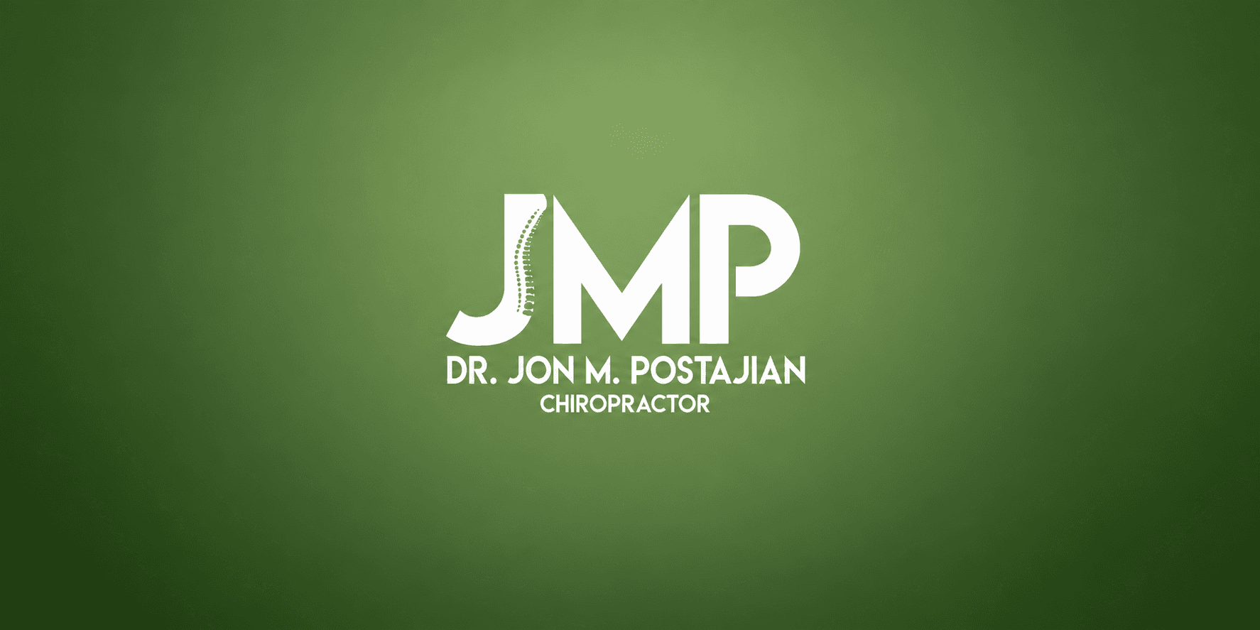 Logo design featuring "JMP" and "Dr. Jon M. Postajian Chiropractor" on a green background