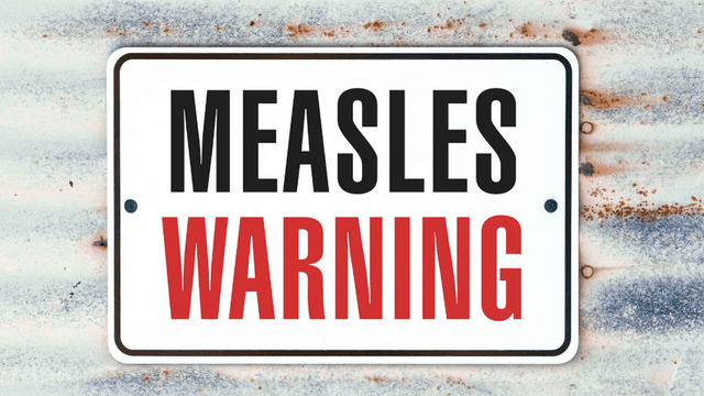 Sign displaying "MEASLES WARNING" in bold black and red letters on a weathered background