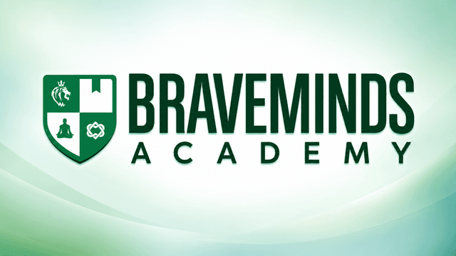 Logo of BraveMinds Academy featuring a shield with symbols and green color scheme