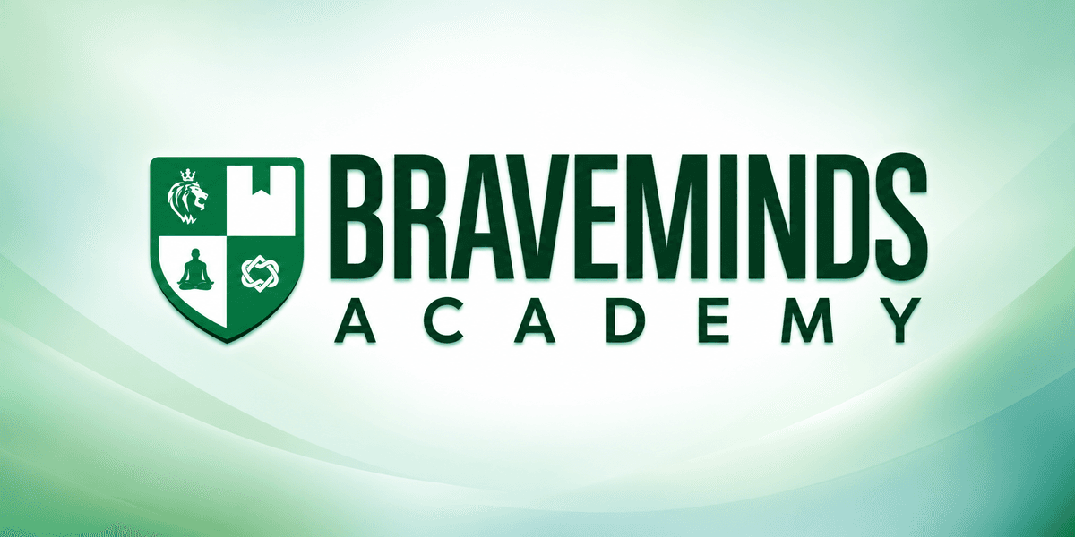 Logo of BraveMinds Academy featuring a shield with symbols and green color scheme