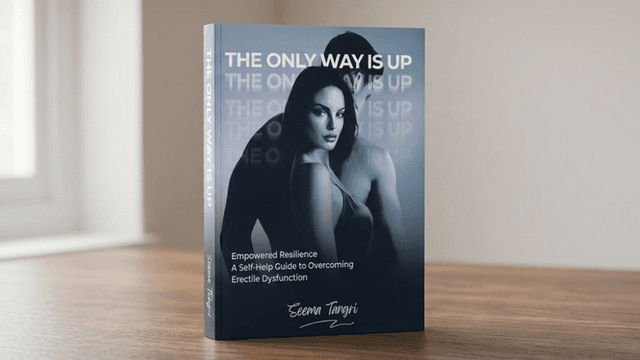 Book titled The Only Way Is Up displayed upright on a wooden table in a softly lit room.