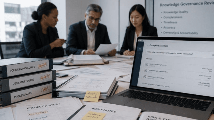AI governance meeting reviewing outdated policies, incomplete records, and enterprise assistant knowledge sources.