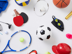 Assorted sports equipment including soccer ball, tennis racket, basketball, swimming goggles, and baseball glove on a white background.