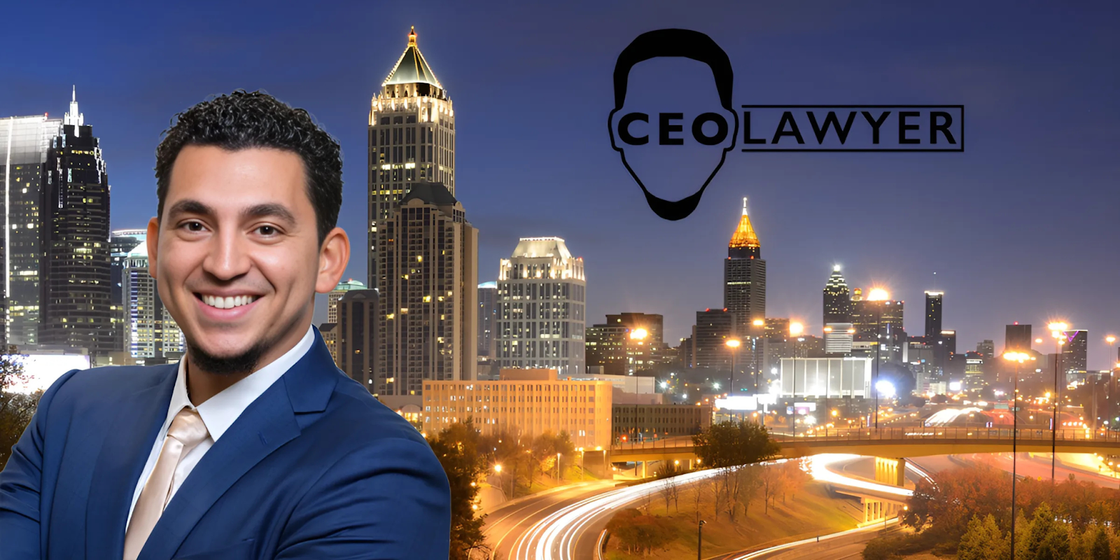 Smiling man in a blue suit stands in front of Atlanta skyline with "CEO Lawyer" logo in background.
