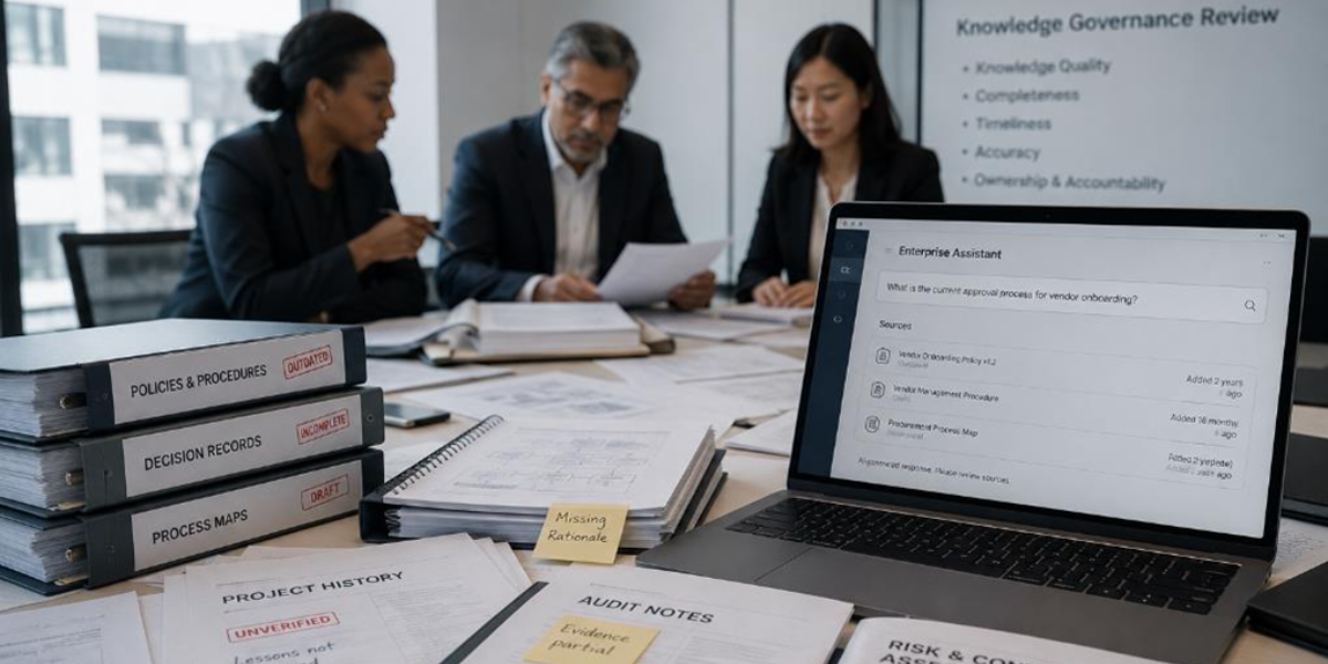 AI governance meeting reviewing outdated policies, incomplete records, and enterprise assistant knowledge sources.