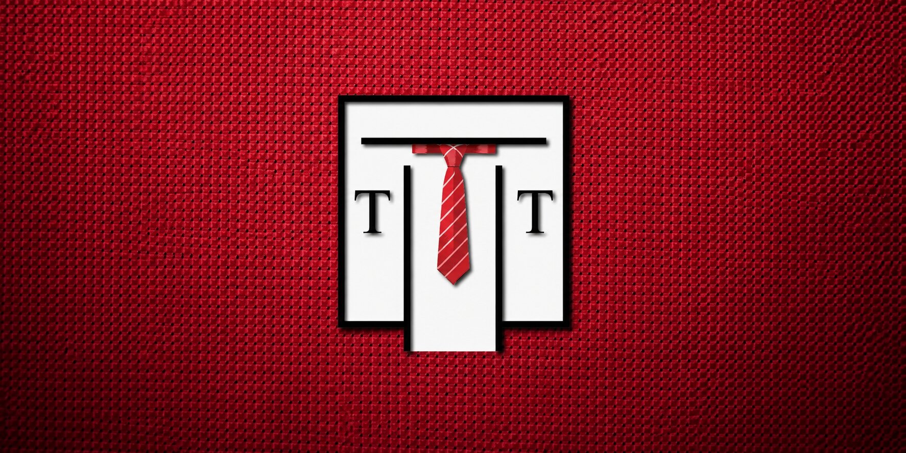 Talisman Tie logo with a red striped necktie centered on a textured red background.