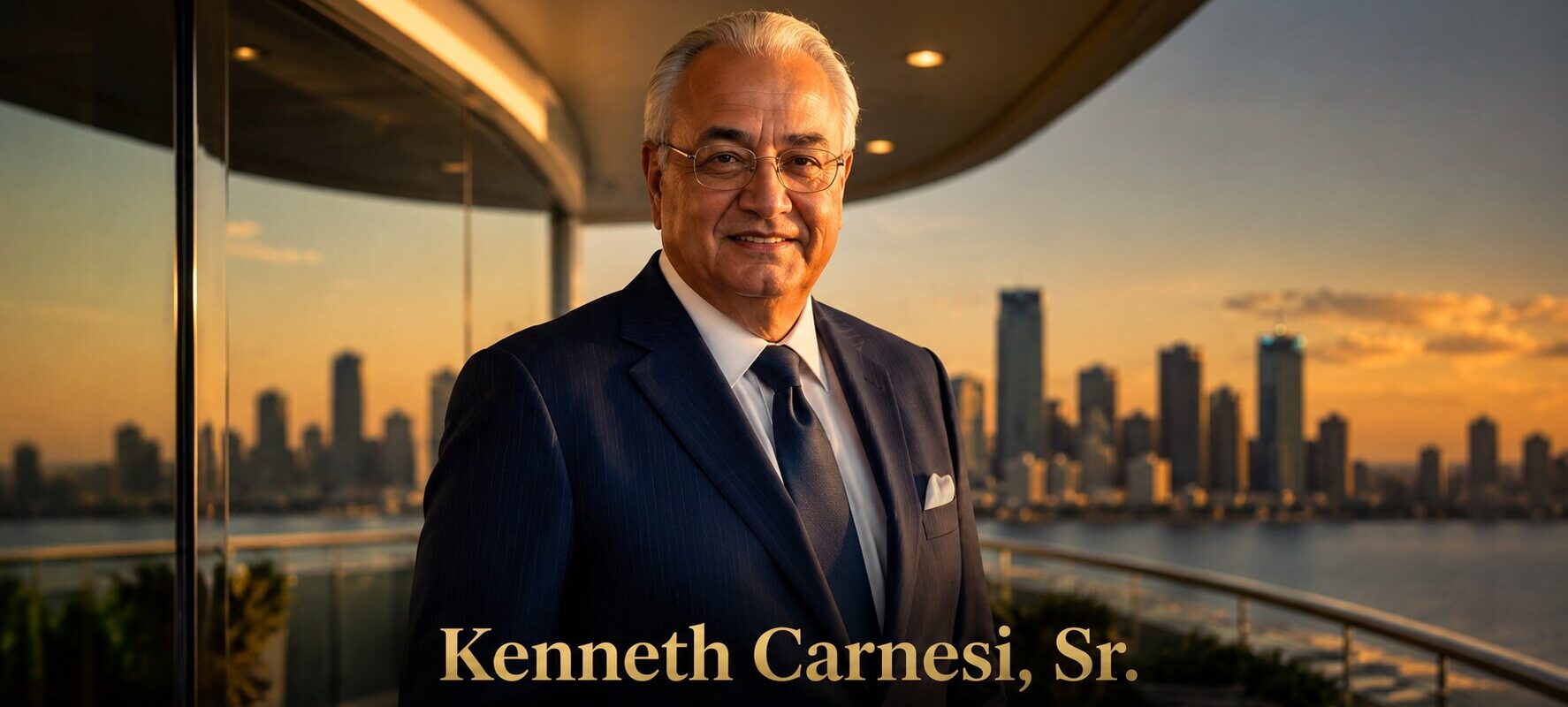 Portrait of Kenneth Carnesi, Sr. in a suit overlooking a city skyline with his name displayed.