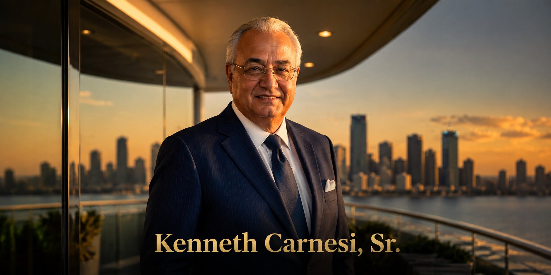Portrait of Kenneth Carnesi, Sr. in a suit overlooking a city skyline with his name displayed.